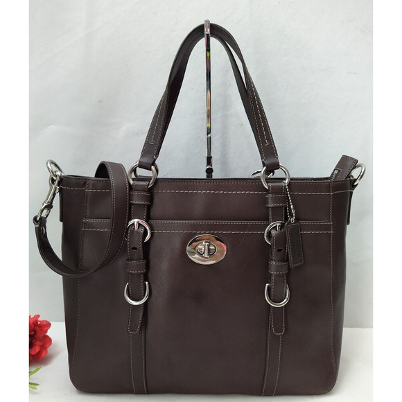 Coach Brown Leather Top Handle Turnlock Pocket Zipper Satchel Shoulder Bag - Picture 1 of 16